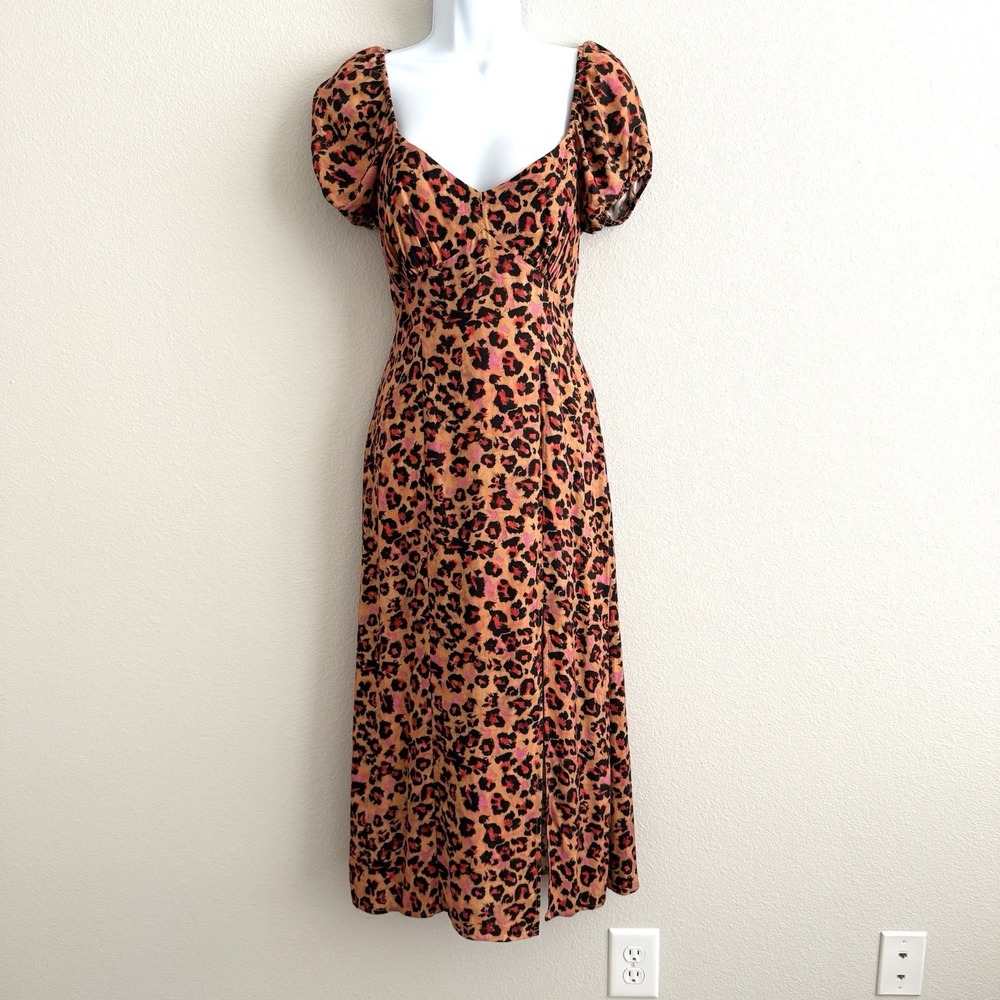 French Connection Amalie Puff Sleeve Animal Print Midi Dress Womens 2 Y2K Spring